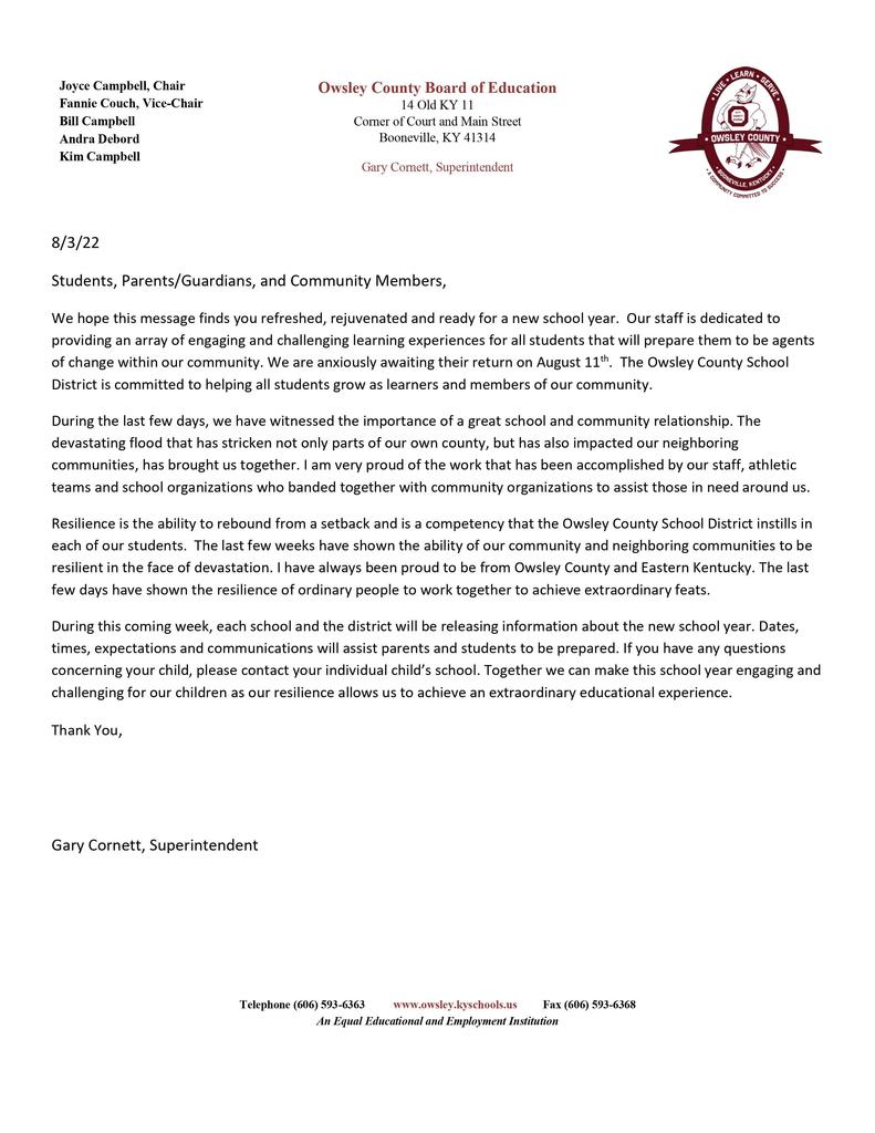 Superintendent Cornett Letter